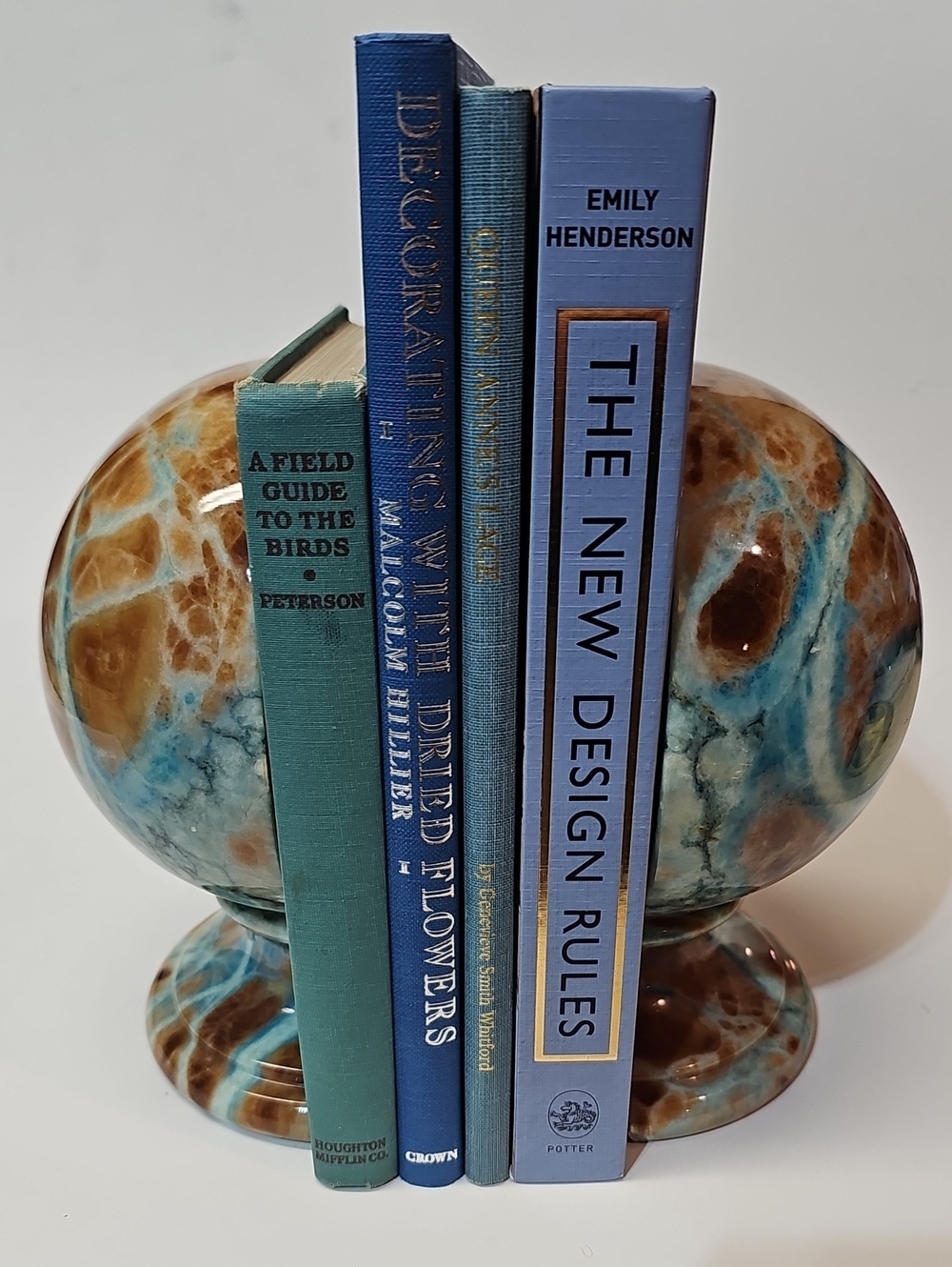 Vintage Blue + Brown Alabaster Orb Globe Bookends by Ducceschi - Set Of 2, Italy